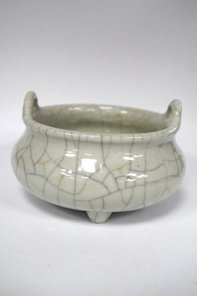 A Chinese crackle-glaze censer and two tea bowls and covers, censer 10cm wide. Condition - good